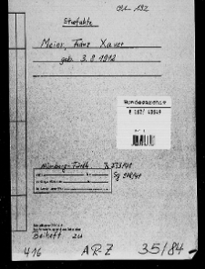 Akta dodatkowe do AR-Z 35/84. Kserokopia Sądu Specjalnego w Norymberdze-Fürth 1 a Sg 908/41 wzgl. Sg 373/41 przeciwko F.X. Meierowi za kradzież. Akta główne
